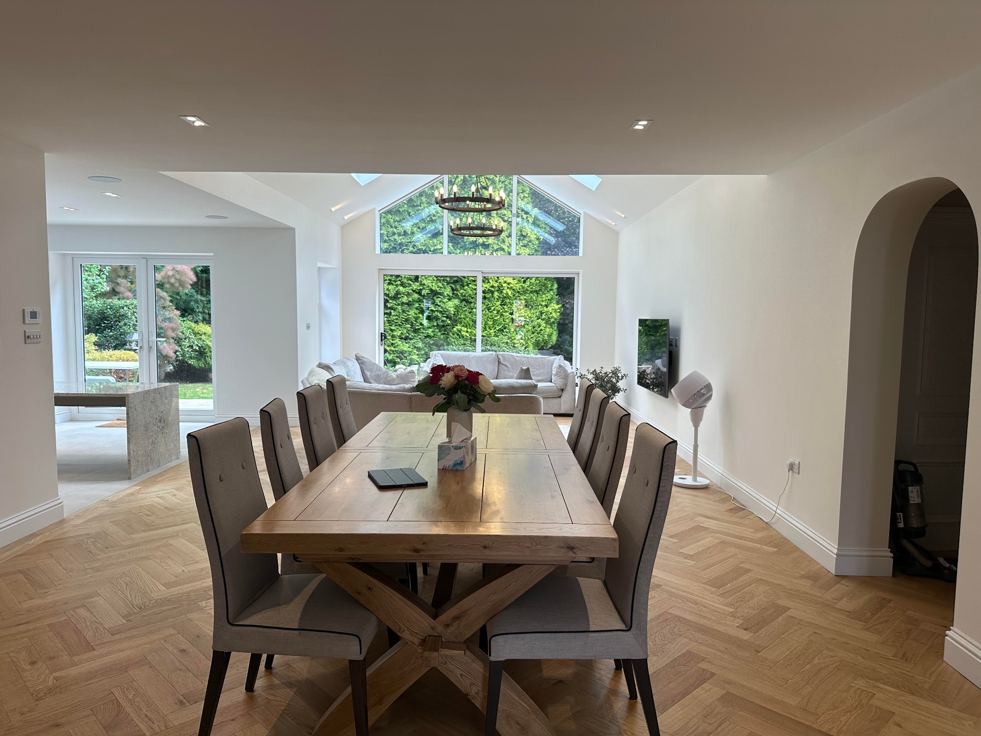 Freshly decorated open-plan dining and garden room in a Sutton Coldfield family home by Four Oaks Painting & Decorating